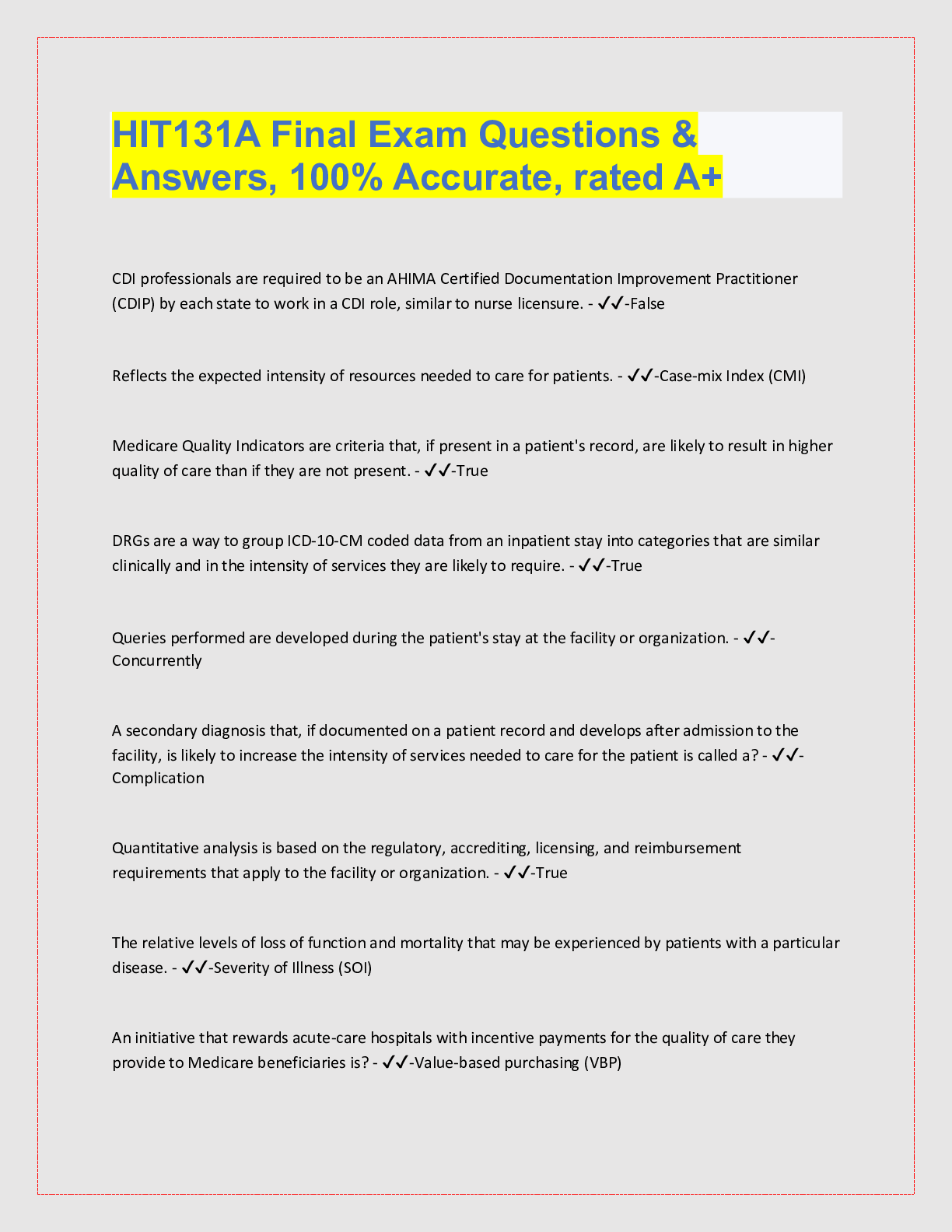 Preview of HIT131A Final Exam Questions &  Answers, 100% Accurate, rated A+